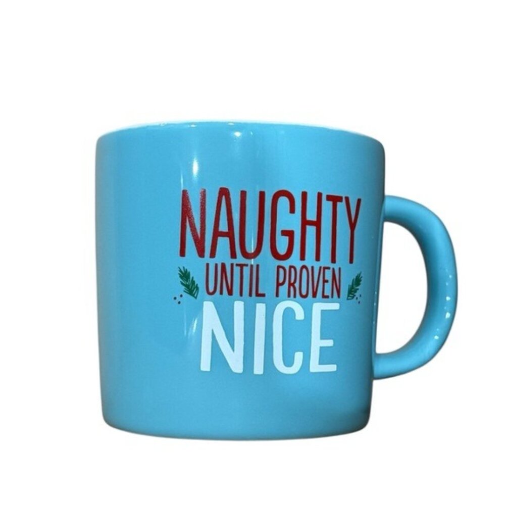 Caribou Coffee Blue‎ Mug Naughty Until Proven Nice Christmas Holiday 12oz